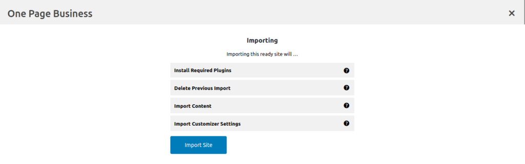 One page business plugin importing screen