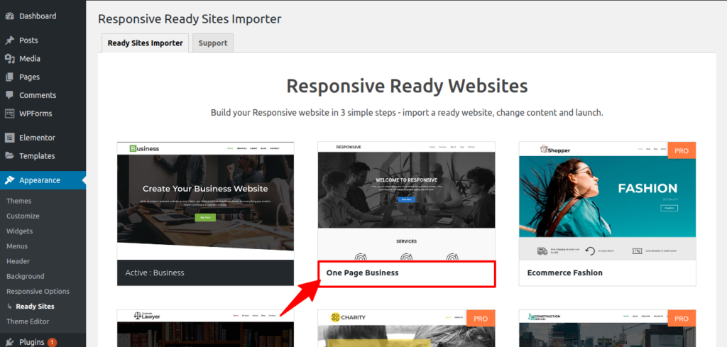 One Page Business website import screenshot